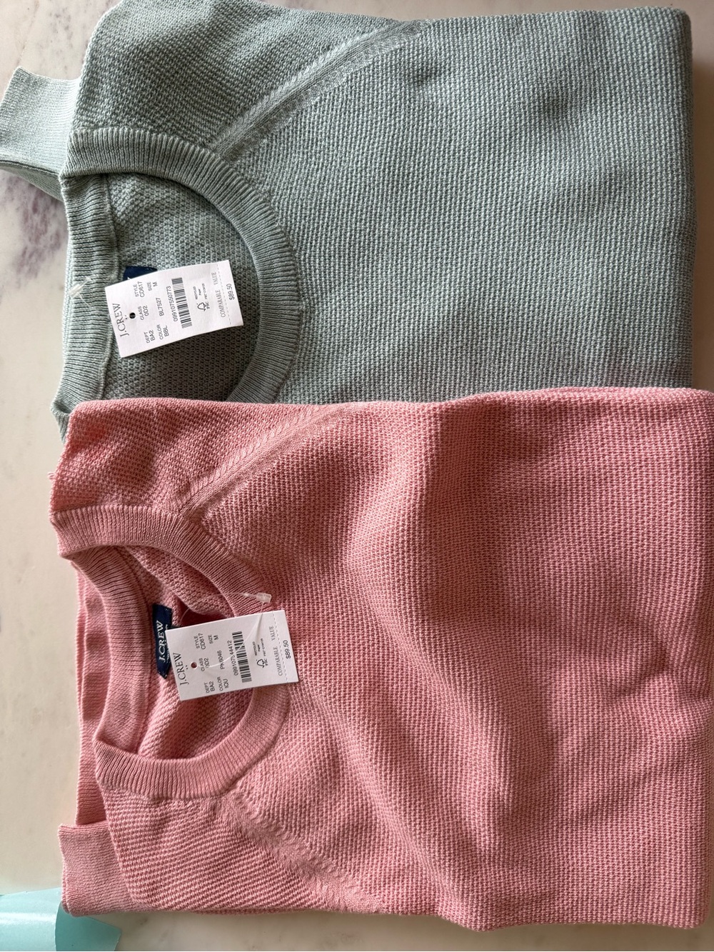 J. Crew Cotton Waffle Knit Crewneck - Pink & Sage